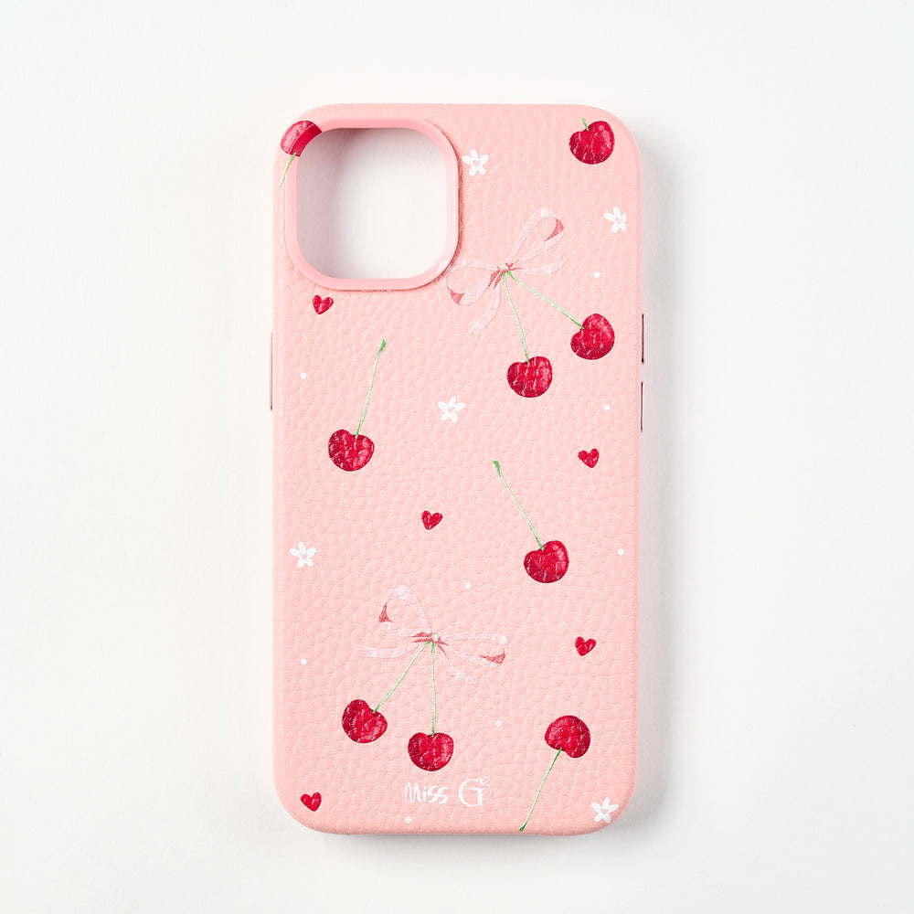 Coque cuir motif cerises et nœuds