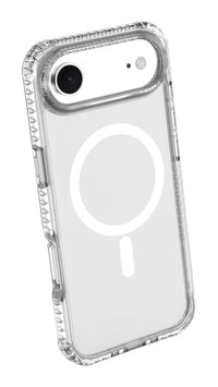 Clear phone case with MagSafe logo on a white background