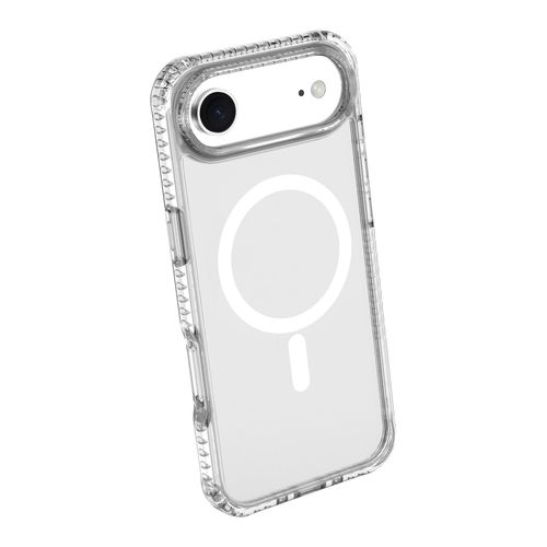 Clear phone case with MagSafe logo on a white background